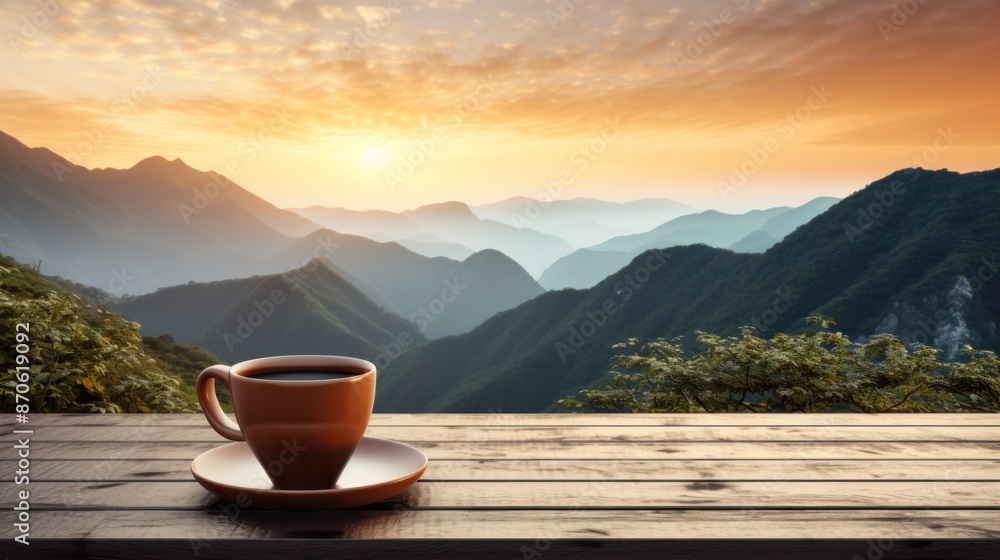 A steaming cup of tea on a patio table, with the sun rising over a mountain range in the background. A steaming cup of tea on a patio table, with the sun rising over a mountain range in the background.
