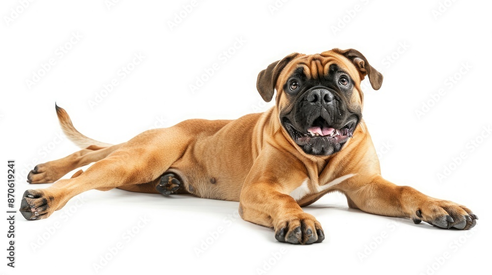 Happy Bullmastiff dog lying down on white background, looking at the camera with a joyful expression. Happy Bullmastiff dog lying down on white background, looking at the camera with a joyful expression.