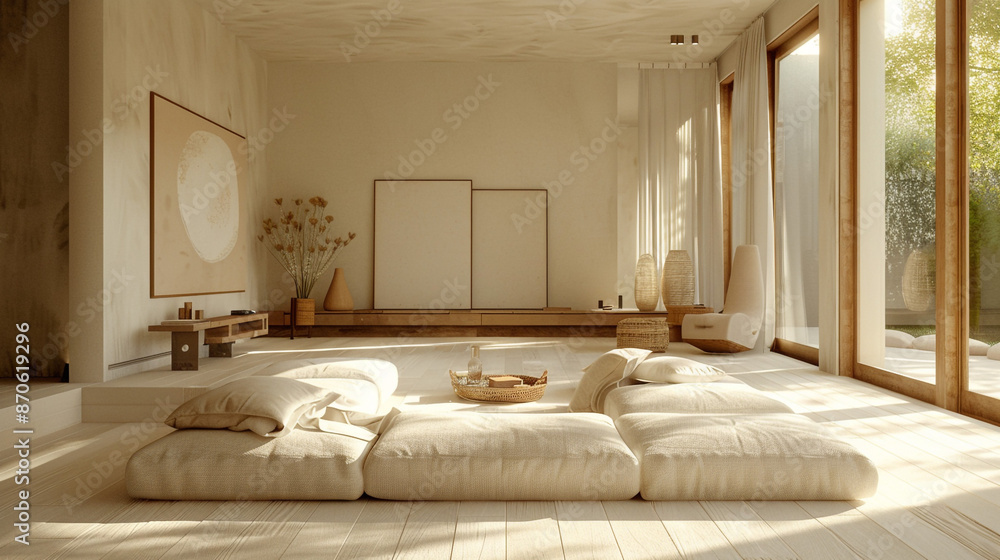 A sunken living room featuring minimalist furniture with clean lines and neutral colors, creating a serene and uncluttered environment. A sunken living room featuring minimalist furniture with clean lines and neutral colors, creating a serene and uncluttered environment.