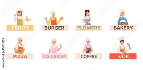 Cartoon vendors. Sellers on fresh farm food market with goods. Flowers fruits burgers coffee wok and bakery. Cute vector professional avatars