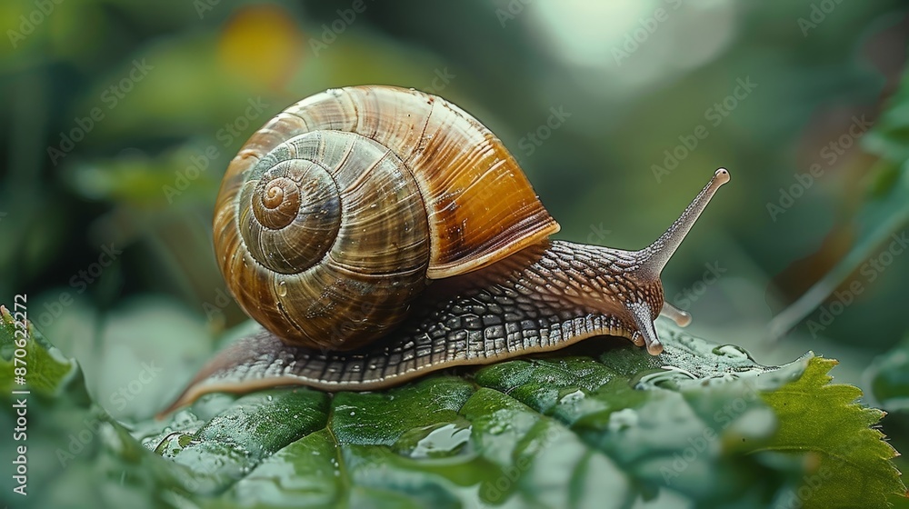 A close-up of a snail slowly moving along a leaf, with detailed textures and a soft background A close-up of a snail slowly moving along a leaf, with detailed textures and a soft background