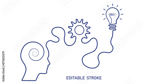 Editable stroke spiral head, light bulb, gear, cog, business idea vector. Business concept line art to use for idea, brainstorm, learning, strategy, thinking, inspiration, teamwork projects.
