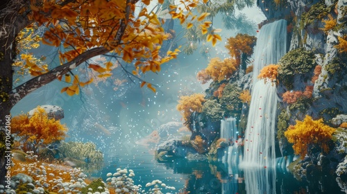 surreal landscape, such as trees, mountains, and waterfalls, to create a dreamlike atmosphere 