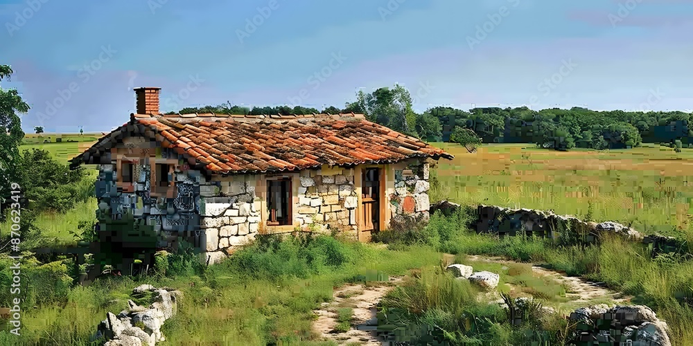 A small stone house in the middle of a vast grassland A small stone house in the middle of a vast grassland