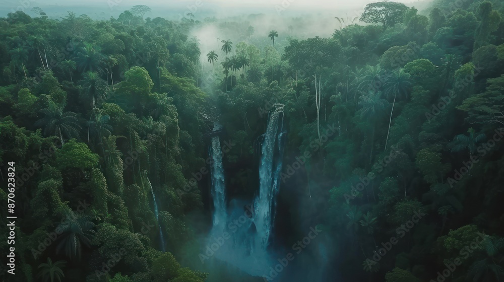 Twin Waterfalls Emerging From Lush Jungle Canopy Twin Waterfalls Emerging From Lush Jungle Canopy