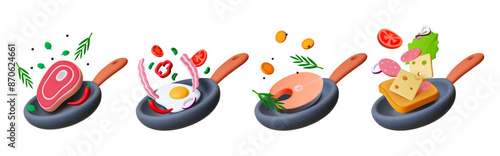 Frying pan 3d element. Fry meat fish eggs and toast. Cooking breakfast lunch or dinner. Salmon steak, bread with cheese and vegetables, render vector objects