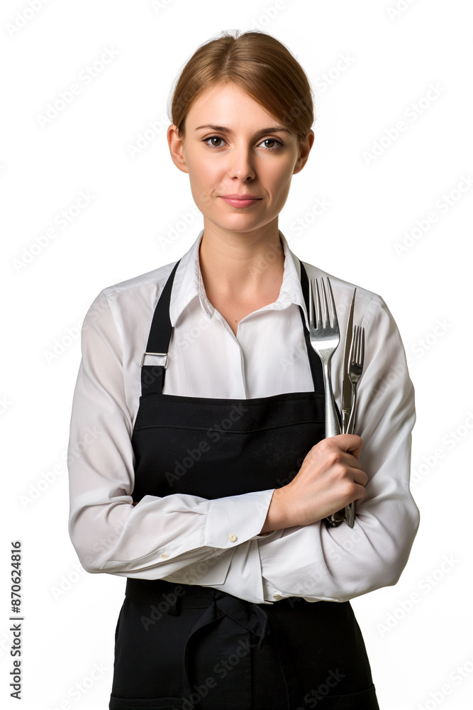 A woman wearing a black apron and holding a fork and knife A woman wearing a black apron and holding a fork and knife