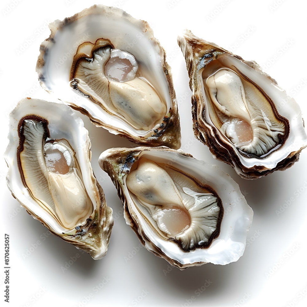 Four opened oysters on a white background Four opened oysters on a white background