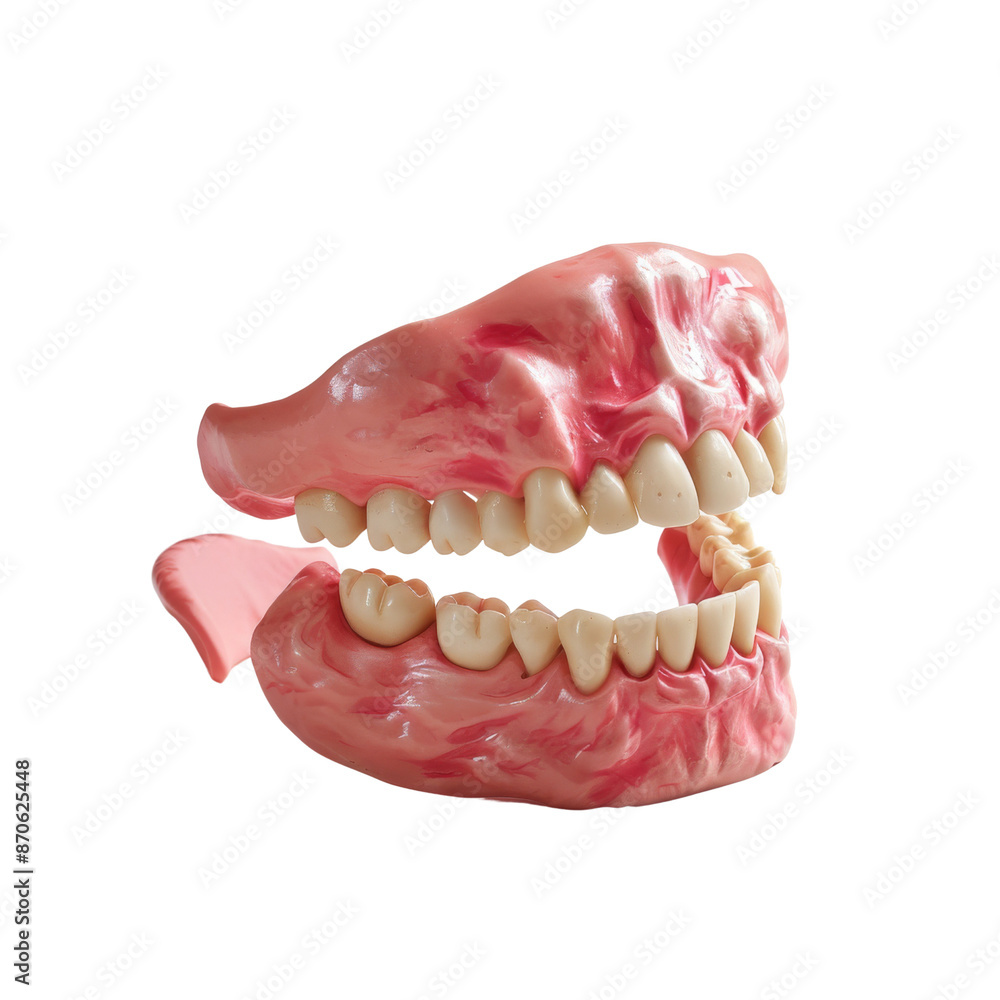 Obraz premium A detailed close-up of a set of dentures, showcasing the teeth and gums on a white background. Ideal for dental health and care concepts.