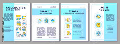 Collective bargaining organization brochure template. Leaflet design with linear icons. Editable 4 vector layouts for presentation, annual reports. Arial-Black, Myriad Pro-Regular fonts used