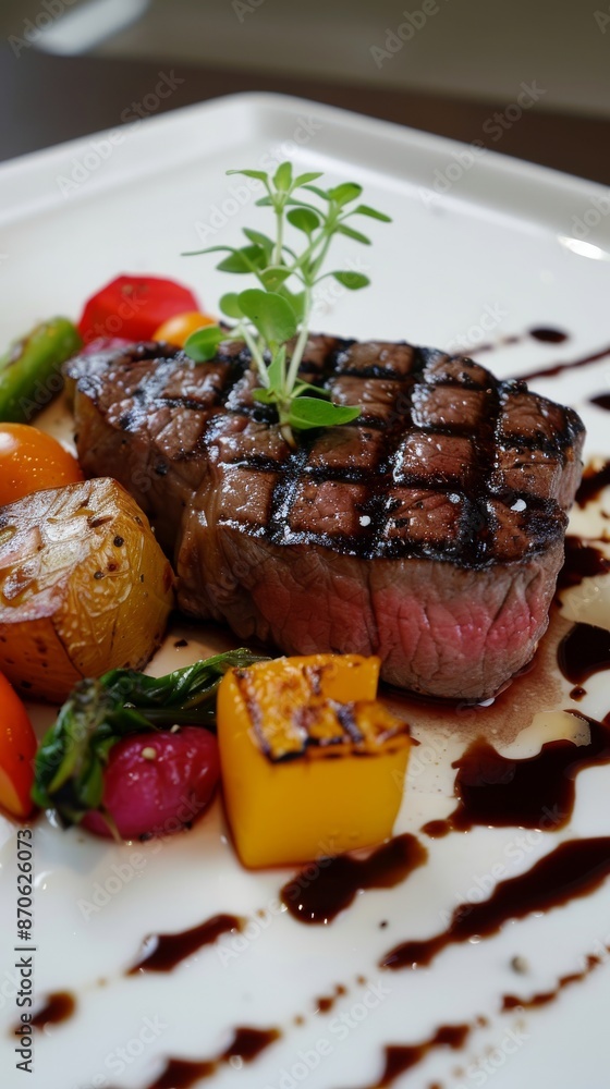 Grilled steak served with roasted vegetables and balsamic glaze Grilled steak served with roasted vegetables and balsamic glaze