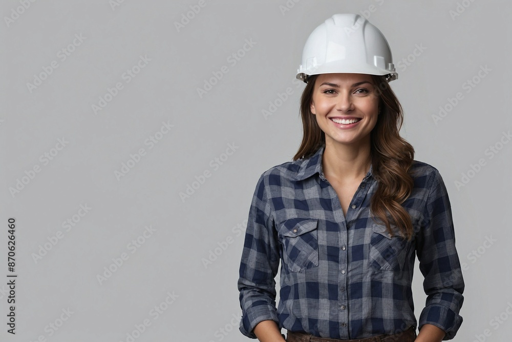 Beautiful woman with a smile on her face, wearing a construction helmet, engineer or architect in a studio with space for advertising text. Beautiful woman with a smile on her face, wearing a construction helmet, engineer or architect in a studio with space for advertising text.