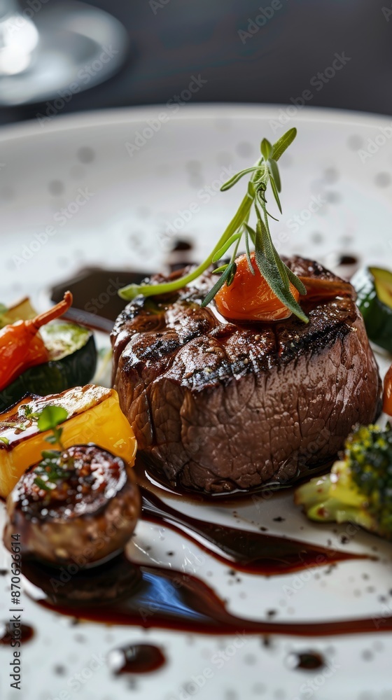Gourmet steak and vegetables in a refined restaurant setting, close-up food photography. Fine dining and culinary arts concept Gourmet steak and vegetables in a refined restaurant setting, close-up food photography. Fine dining and culinary arts concept