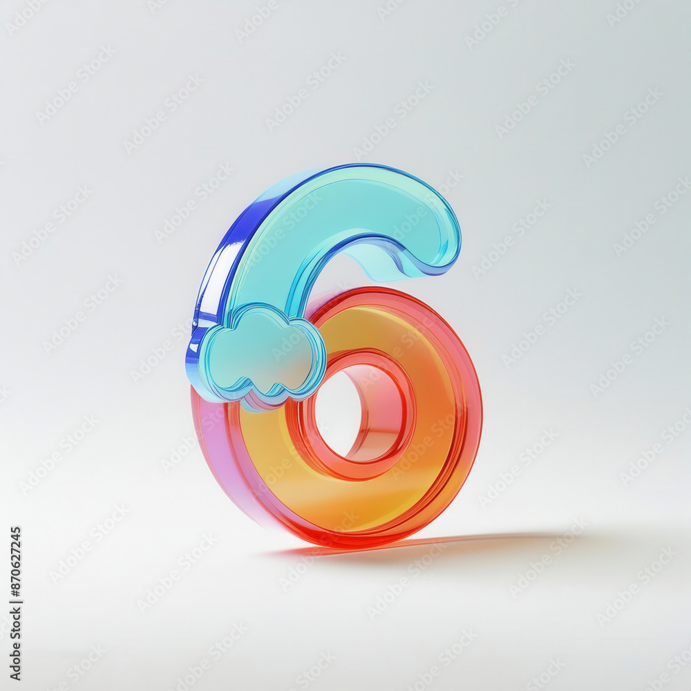 A number 6 made of frosted glass, plastic acrylic in birozolovm and orange colors, with cloud decor on a white background. Ideal for anniversaries, birthdays, and memorable dates