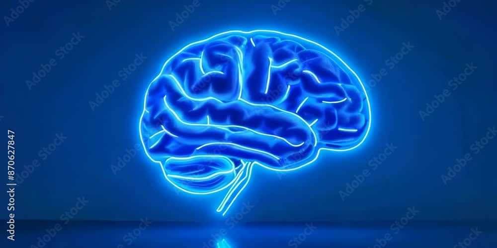 A blue neon digital brain glows on a dark blue background showing technology and artificial intelligence animation concept A blue neon digital brain glows on a dark blue background showing technology and artificial intelligence animation concept
