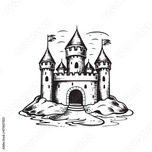 sand castle - cartoon vector, illustration black and white