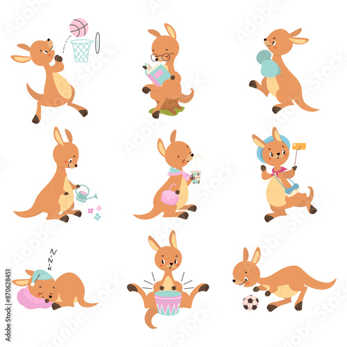 Cartoon kangaroo. Cute kangaroo activities, reading play ball boxing and gardening. Wild australian animal sleeping and drink coffee, nowaday vector characters