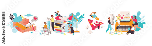 People Characters Working with Text Typewriting Vector Set