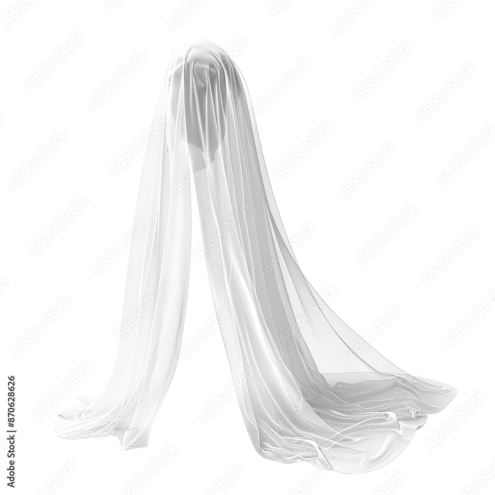 A flowing, sheer white fabric artfully draped in a minimalist design, resembling a ghostly figure in mid-air. A flowing, sheer white fabric artfully draped in a minimalist design, resembling a ghostly figure in mid-air.