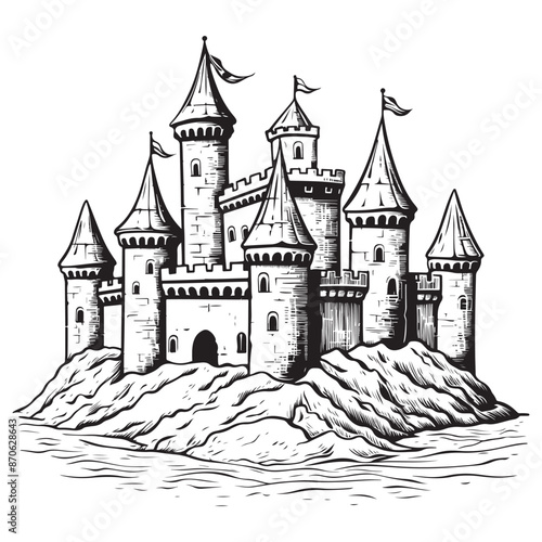 sand castle / cartoon vector and illustration, black and white, hand drawn, sketch style