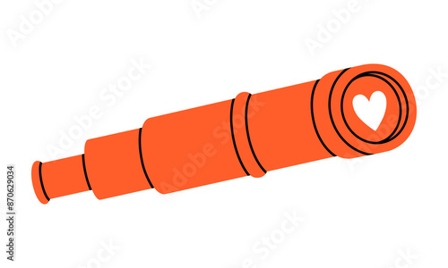 Hand drawn cute cartoon illustration of spyglass with heart on lens. Flat vector searching for love in doodle style. Find perfect match icon. Dating online app print. Romantic feelings. Isolated.