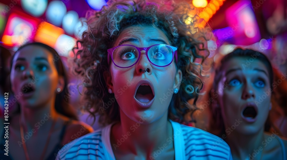 Obraz premium Three young women with shocked expressions on their faces