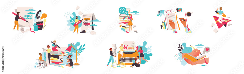 Naklejka premium People Characters Working with Text Typewriting Vector Set