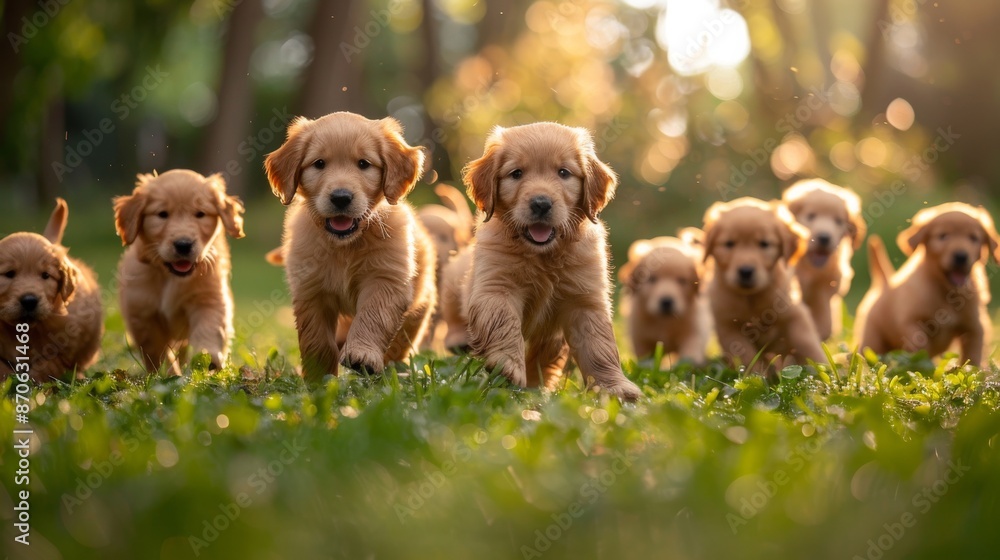 Group of golden retriever puppies playing outdoors in a sunny garden, adorable and playful concept Group of golden retriever puppies playing outdoors in a sunny garden, adorable and playful concept