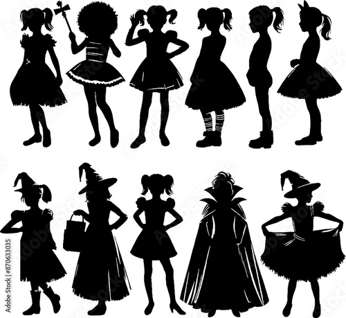 set of silhouettes of children in costumes on the Halloween stage