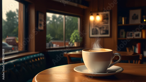 Wallpaper Mural Illustration of a cozy coffee shop scene where a steaming cup of coffee is the focal point, surrounded by warm lighting, wooden furniture, and a rainy day visible through the window Torontodigital.ca
