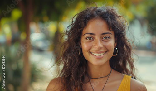 A young woman with long brown hair smiles brightly. 