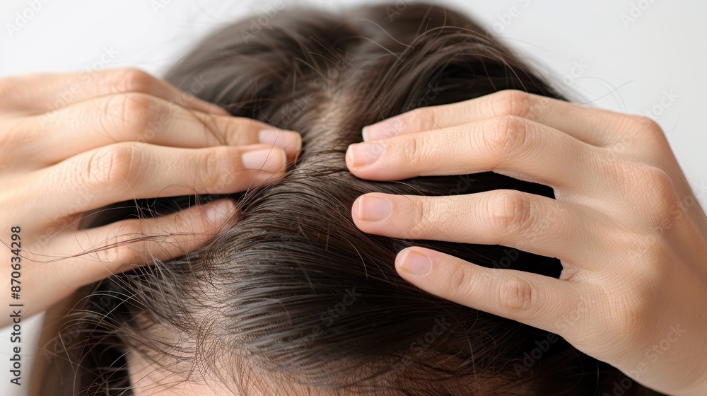 Naklejka premium Close-up of a Woman's Hands Touching Her Hair