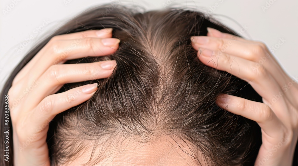 Obraz premium Close-up of a Woman's Scalp with Thinning Hair