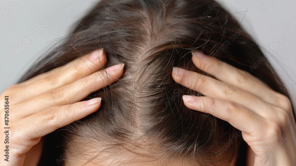 Naklejka premium Woman Checking for Hair Loss or Thinning