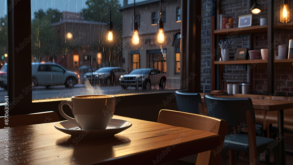 Illustration of a cozy coffee shop scene where a steaming cup of coffee is the focal point, surrounded by warm lighting, wooden furniture, and a rainy day visible through the window Illustration of a cozy coffee shop scene where a steaming cup of coffee is the focal point, surrounded by warm lighting, wooden furniture, and a rainy day visible through the window