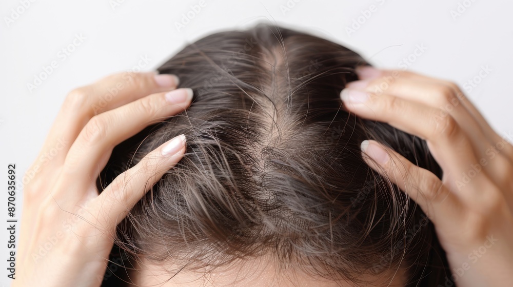 Obraz premium Close-Up of a Woman's Scalp with Thinning Hair
