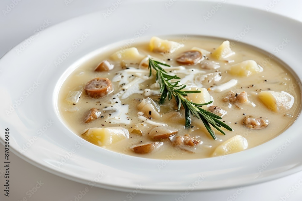 Hearty Potato Cheese Soup with Caramelized Onions and Savory Sausage, Garnished with Shredded Cheese Hearty Potato Cheese Soup with Caramelized Onions and Savory Sausage, Garnished with Shredded Cheese
