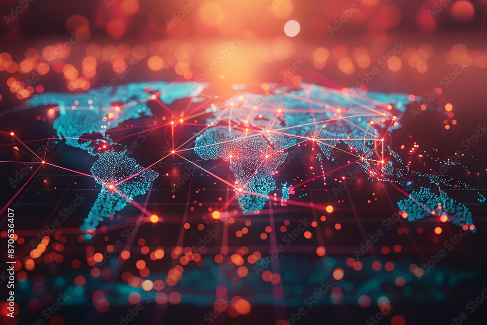 Digital world map with connecting lines and data points, front view, illustrating global connectivity, futuristic tone, Triadic Color Scheme Digital world map with connecting lines and data points, front view, illustrating global connectivity, futuristic tone, Triadic Color Scheme