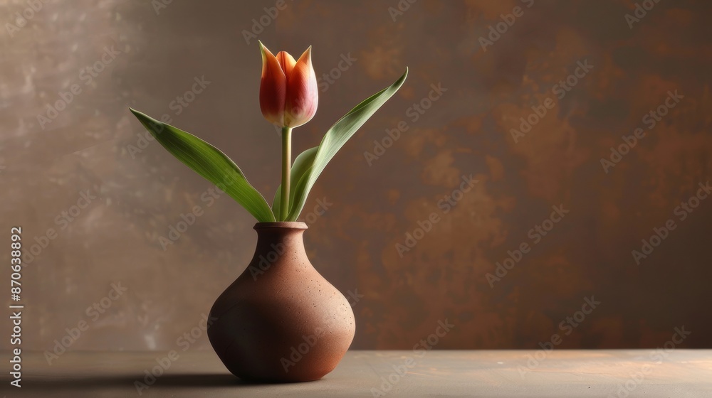 Single Orange Tulip in a Clay Vase Against a Brown Background Single Orange Tulip in a Clay Vase Against a Brown Background