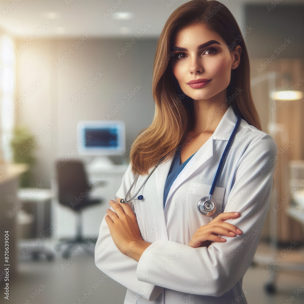 A young female doctor stands confidently in a modern medical clinic, her arms crossed and a stethoscope around her neck. She wears a white lab coat and a blue undershirt
