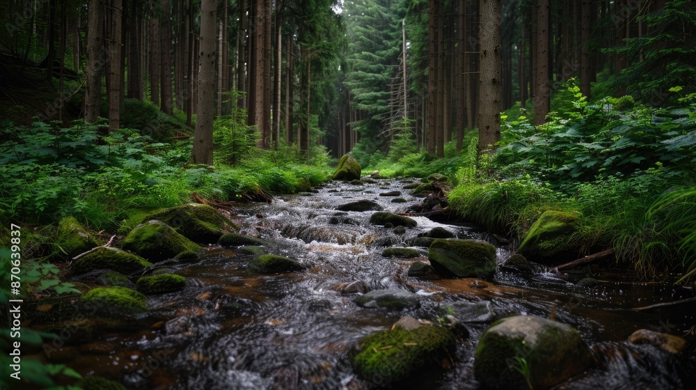 A gentle stream flowing through a dense forest, representing life's journey and persistence. A gentle stream flowing through a dense forest, representing life's journey and persistence.
