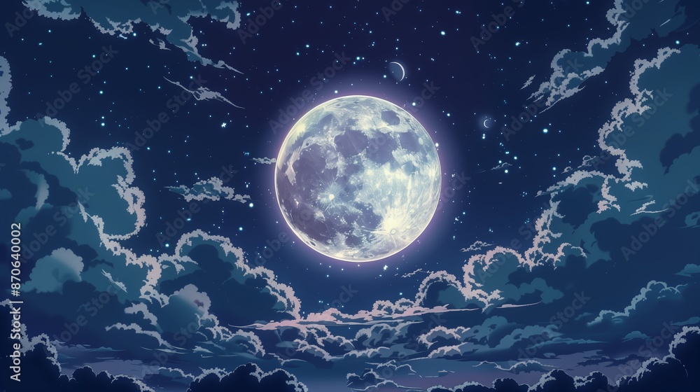 Anime style illustration of full moon and clouds Anime style illustration of full moon and clouds