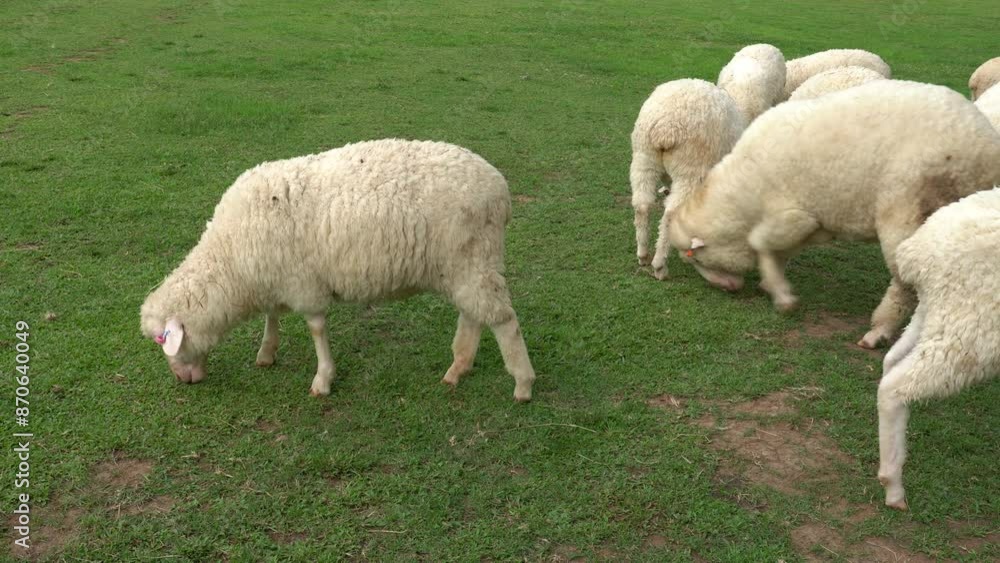 Farm animal Merino sheep walking, resting, eating grass freely in farmland Farm animal Merino sheep walking, resting, eating grass freely in farmland