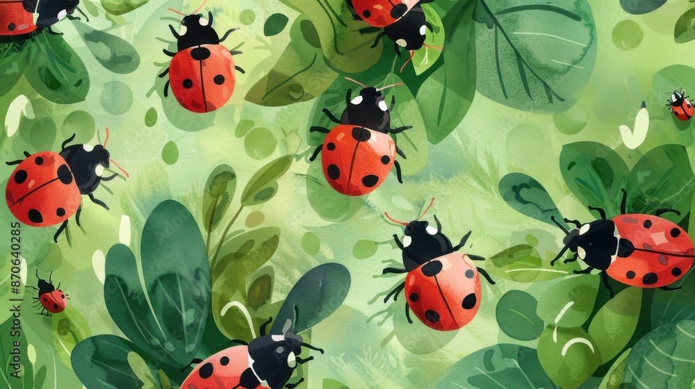 Colorful pattern of ladybugs resting on green leaves, showcasing nature's beauty with vibrant red and green tones. Perfect for backgrounds and designs. Colorful pattern of ladybugs resting on green leaves, showcasing nature's beauty with vibrant red and green tones. Perfect for backgrounds and designs.