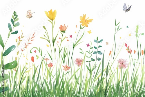 Colorful watercolor painting of wildflowers and butterflies in a meadow, capturing the beauty of nature in a vibrant and lively illustration.