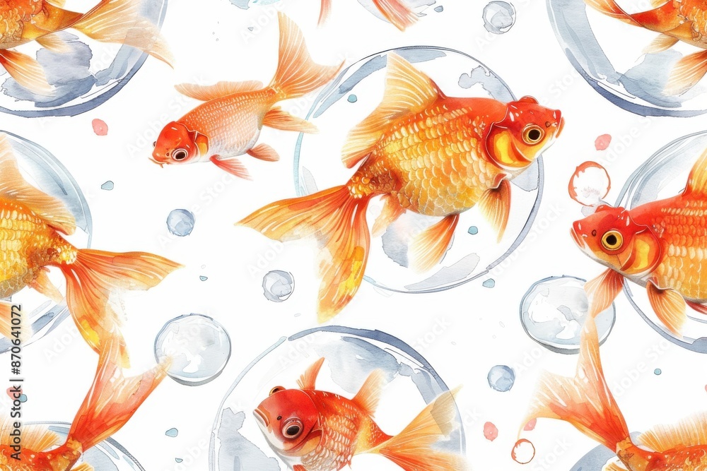 Naklejka premium Seamless pattern with bright orange goldfish swimming in clear water bubbles on white background. Watercolor illustration.