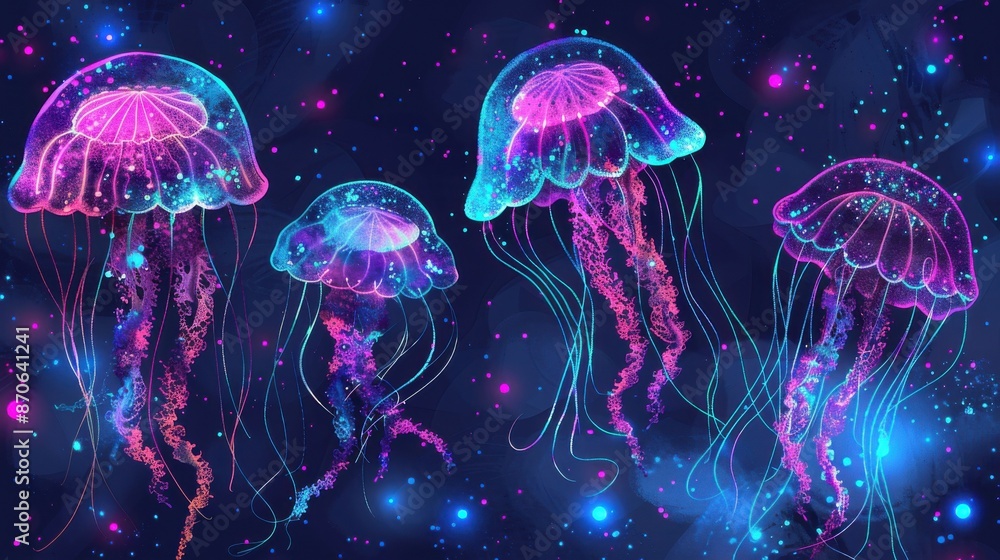 Vibrant illustration of glowing neon jellyfish floating in a starry, cosmic sea, exuding ethereal beauty and otherworldly charm. Vibrant illustration of glowing neon jellyfish floating in a starry, cosmic sea, exuding ethereal beauty and otherworldly charm.