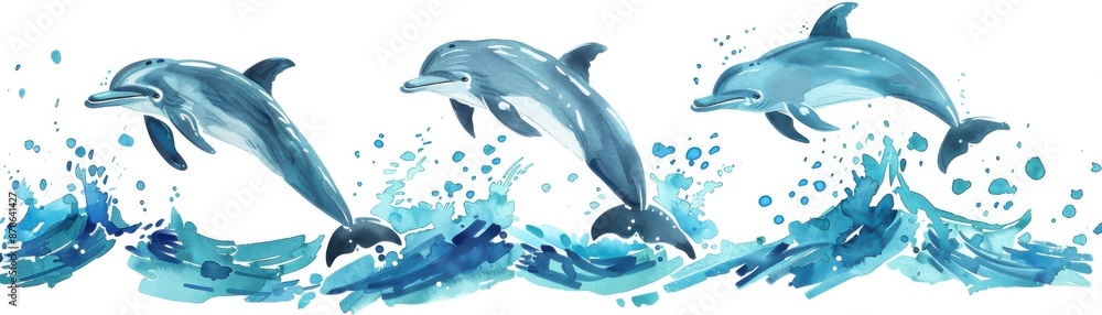 Obraz premium Watercolor illustration of dolphins jumping through waves, showcasing vibrant ocean life and dynamic marine scenery.