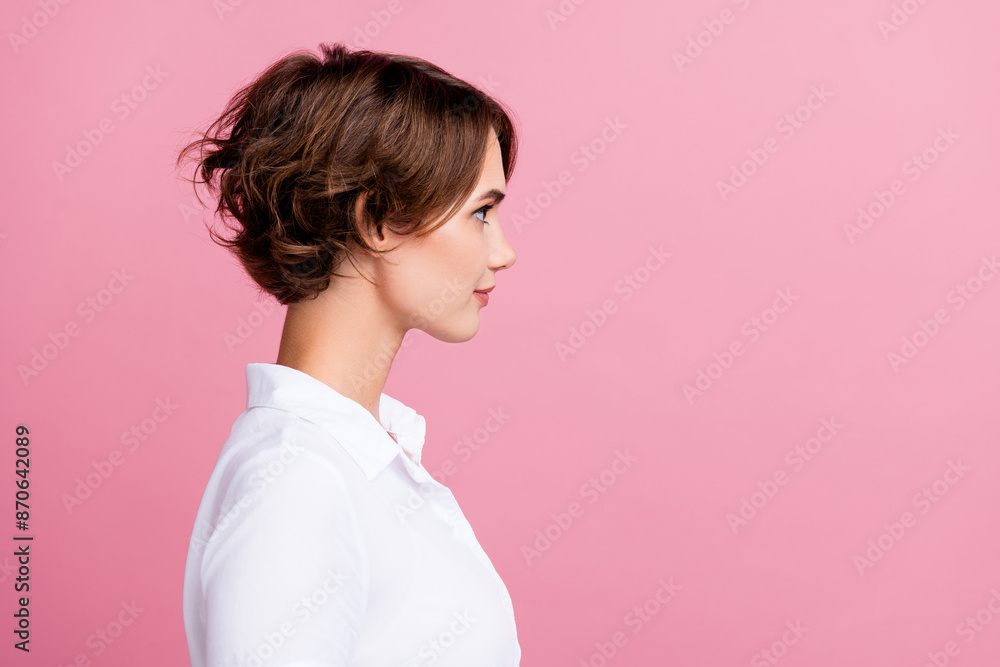 Side profile photo of good mood cute woman with bob hairdo dressed shirt look empty space proposition isolated on pink color background Side profile photo of good mood cute woman with bob hairdo dressed shirt look empty space proposition isolated on pink color background