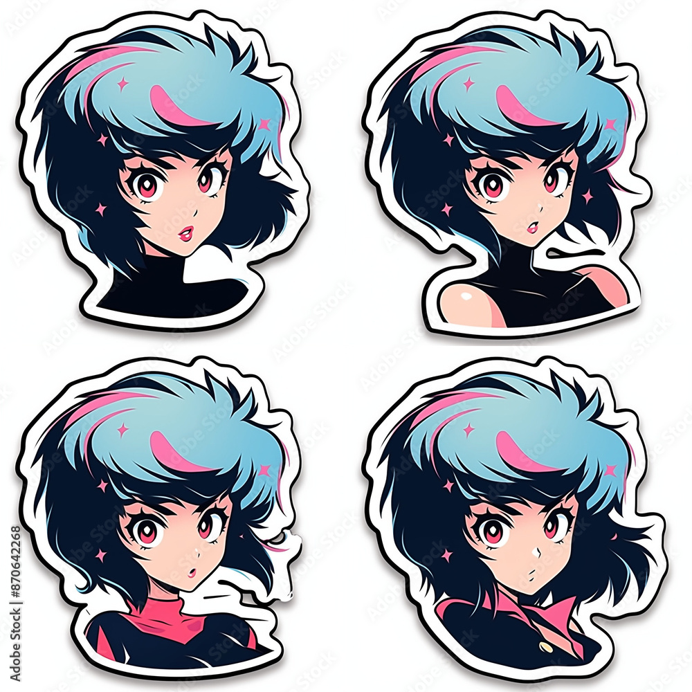 Set of green haired anime personages on a white background. Art for games and animations. Set of green haired anime personages on a white background. Art for games and animations.